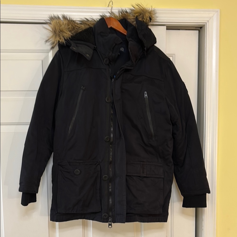 Buffalo David Bitton Men's Black Puffer Jacket with Faux Fur Hood